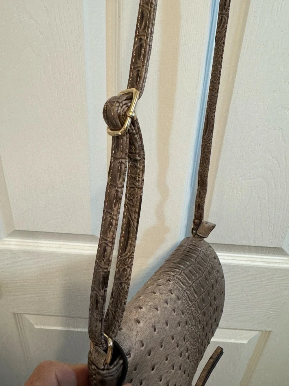 Taupe Croc Ostrich Embossed Crossbody Bag Gold Hardware